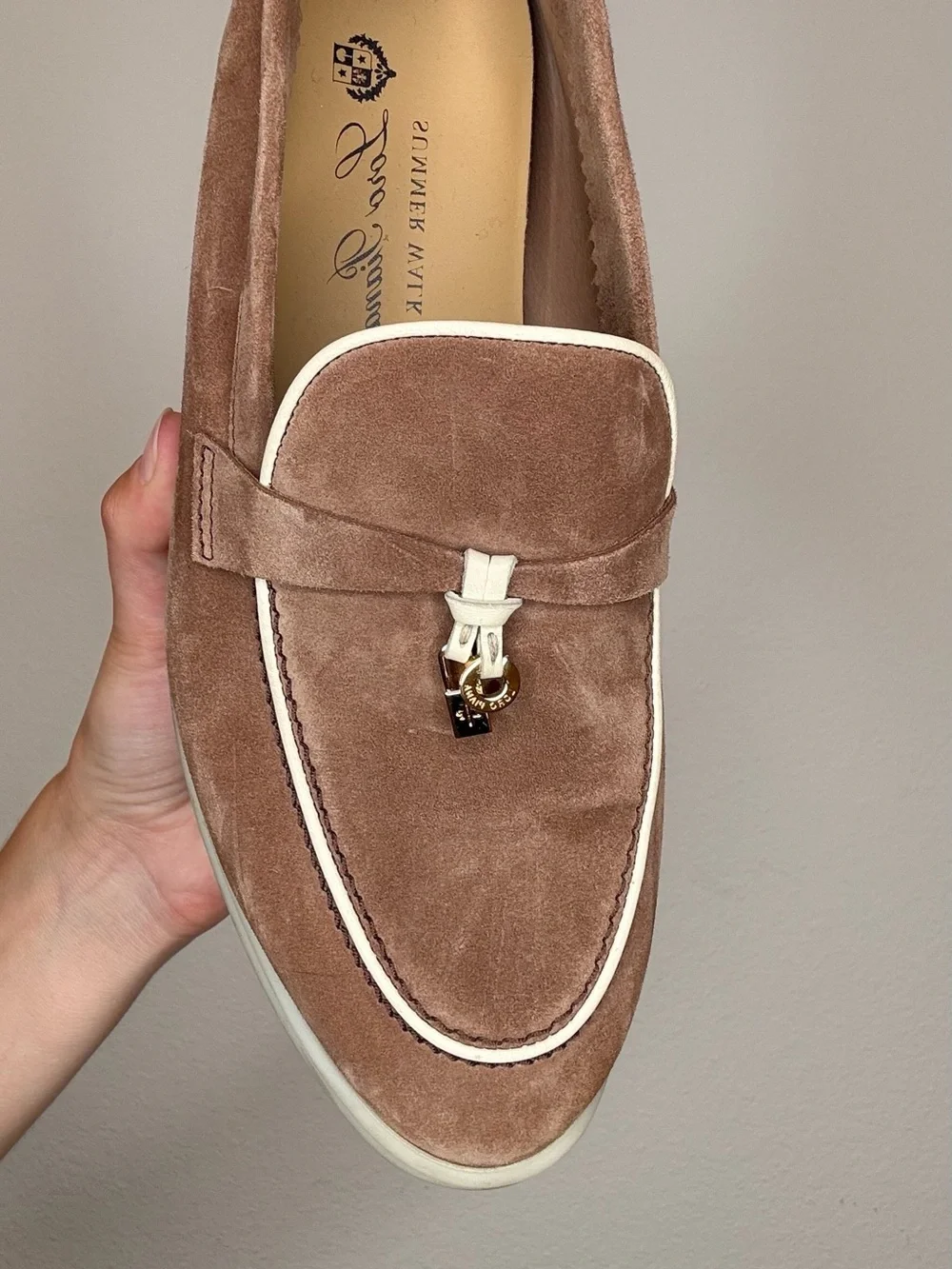 Loro Piana Suede Tassel Loafers in Taupe with Cream Trim